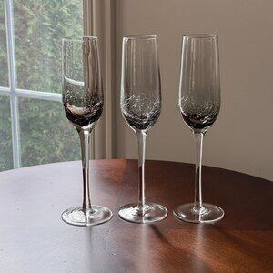 Pier 1 Crackle Glass Champagne Flutes Smoke Gray Clear Stem Set of 3 EUC Barware